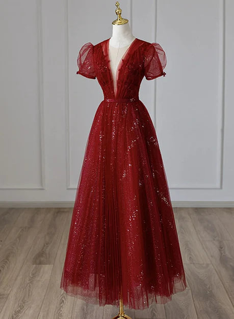 Luolandi Wine Red Tulle Cap Sleeves Bridesmaid Dress Long Prom Dress Elegant Evening Dress